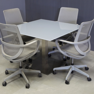 42-inch California Square Conference Table with 1/2-inch Light gray tempered glass top and aluminum stainless steel base.