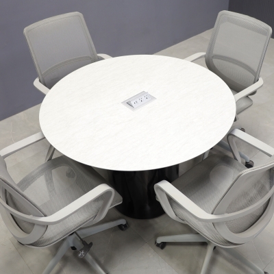 42-inch Aurora Round Conference Table in 1/2-inch spanish limestone engineered surface top, black gloss laminate base, and silver MX2 power box.