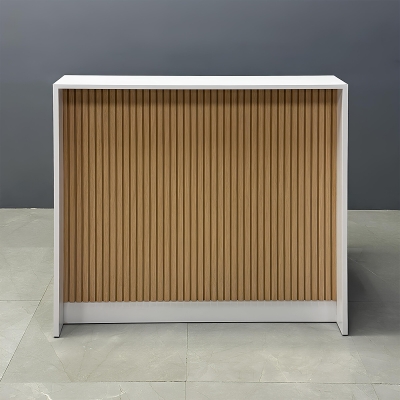 42-inch New Jersey Podium & Host Desk in white matte laminate main desk and white oak front panel, shown here.