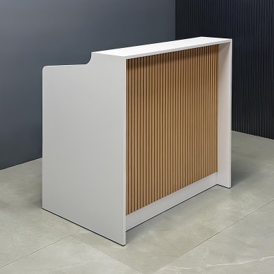 42-inch New Jersey Podium & Host Desk in white matte laminate main desk and white oak front panel, shown here.