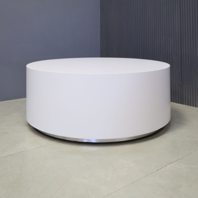 42-inch Norfolk Round Lobby Table in white gloss laminate table finish, and brushed aluminum toe-kick.