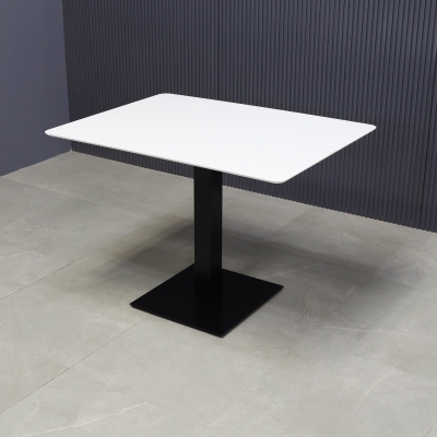42-inch California Rectangular Conference/Meeting Table in white solid engineered surface top, and black brushed stainless base.