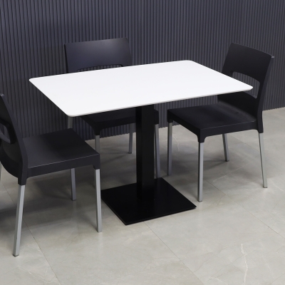 42-inch California Rectangular Conference/Meeting Table in white solid engineered surface top, and black brushed stainless base.