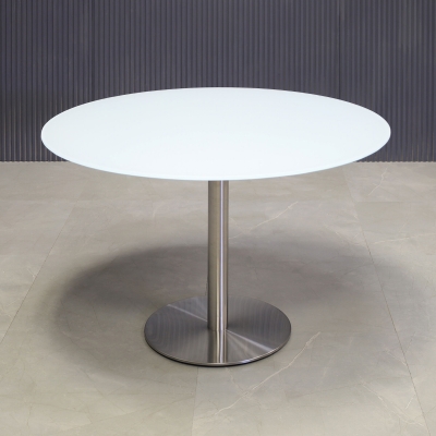 42-inch California Round Conference Table with 1/2-inch white tempered glass top and silver stainless steel base.