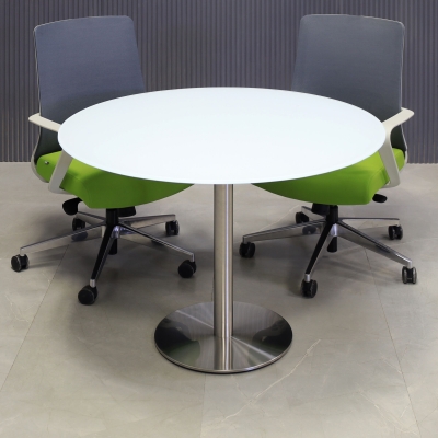 42-inch California Round Conference Table with 1/2-inch white tempered glass top and silver stainless steel base.