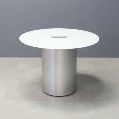 42-inch Omaha Round Conference Table in 1/2-inch white tempered glass top, and brushed aluminum base, with silver MX3 power box.