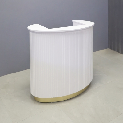 42-inch The Pill Podium & Host Custom Desk in white matte laminate top counter & workspace, white matte tambour main desk, and gold aluminum toe-kick.