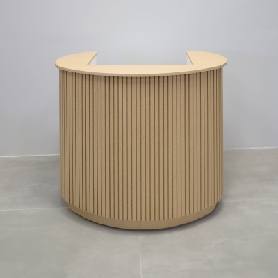 42-inch The Pill Podium & Host Custom Desk in white oak veneer top & toe-kick, white oak tambour main desk, and dover off-white matte laminate workspace.