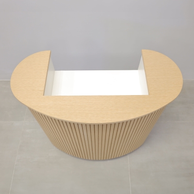 42-inch The Pill Podium & Host Custom Desk in white oak veneer top & toe-kick, white oak tambour main desk, and dover off-white matte laminate workspace.