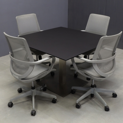 46-inch California Square Conference Table with 1/2-inch Black traceless engineered surface top and silver stainless steel base.