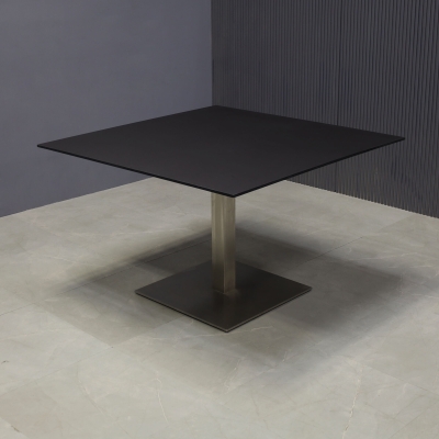 46-inch California Square Conference Table with 1/2-inch Black traceless engineered surface top and silver stainless steel base.