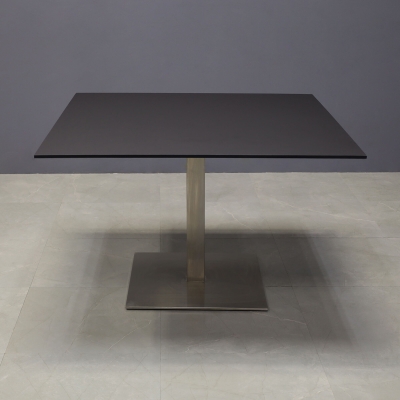 46-inch California Square Conference Table with 1/2-inch Black traceless engineered surface top and silver stainless steel base.