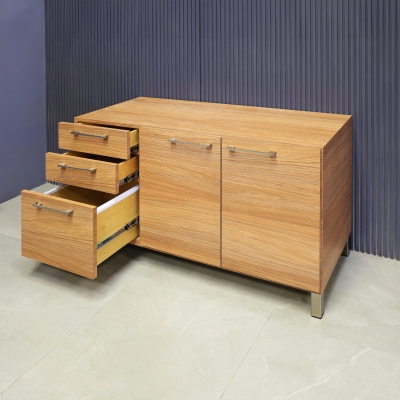 47-inch Naples Custom Storage Credenza in uptown walnut matte laminate credenza, front drawers & doors and brushed stainless steel legs and handles.