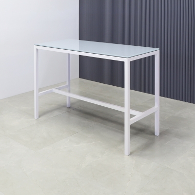 Aspen Tempered Glass Bar Table in baby blue top and white aluminum frame shown here.