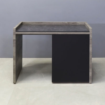 48-inch Avenue Beverage Server Station with fridge on the left side, in 1/2-inch black amani engineered surface top, metropolitan concrete PVC station, and black traceless laminate doors.