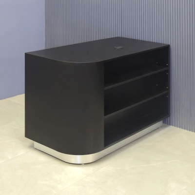 48-inch Nola Retail Custom Reception Desk in black matte laminate main desk with 2 adjustable shelves, and brushed aluminum toe-kick.