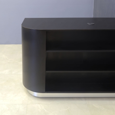 48-inch Nola Retail Custom Reception Desk in black matte laminate main desk with 2 adjustable shelves, and brushed aluminum toe-kick.
