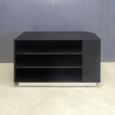 48-inch Nola Retail Custom Reception Desk in black matte laminate main desk with 2 adjustable shelves, and brushed aluminum toe-kick.
