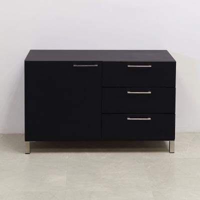 48-inch Naples Custom Storage Credenza in black traceless laminate credenza, and front drawers & doors, with chromed legs.