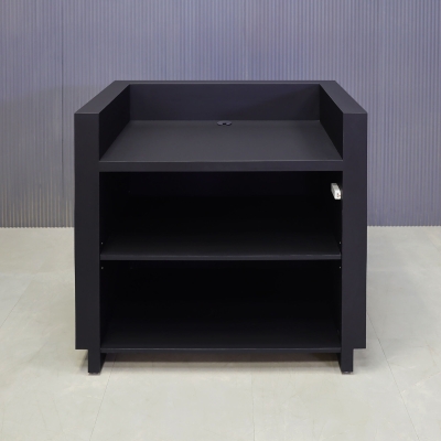 48-inch Wave Podium & Host in black traceless laminate main desk & toe-kick, and walnut veneer wave accent, with warm-white LED, shown here.