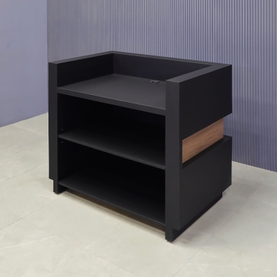 48-inch Wave Podium & Host in black traceless laminate main desk & toe-kick, and walnut veneer wave accent, with warm-white LED, shown here.