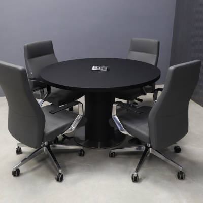 48-inch California X2 Round Conference Table With Laminate Top & pedestal in black traceless laminate, silver stainless steel base, and black power box.