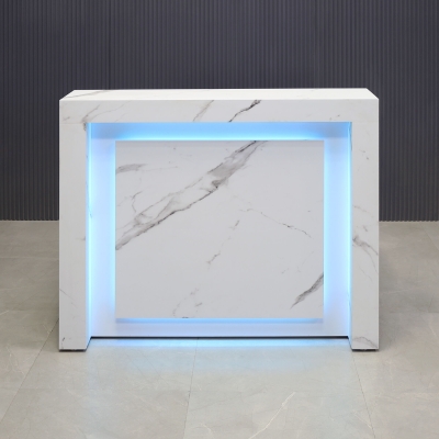 48-inch New York Straight Shape Custom Reception Desk in calcutta blanc stone pvc main desk and front panel, and white gloss laminate accent recessed, with multi-colored LED, shown here.