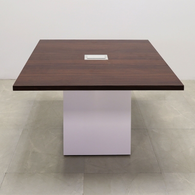 48-inch Newton Square Conference Table With Laminate Top in colombian walnut matte laminate, white gloss laminate base, and silver MX3 power box.