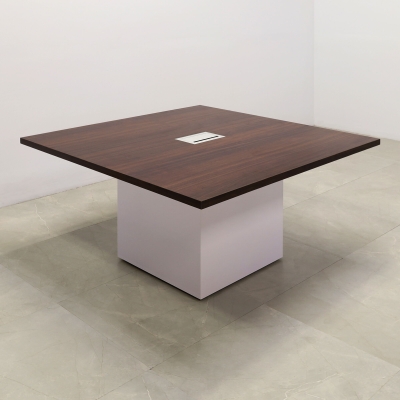 48-inch Newton Square Conference Table With Laminate Top in colombian walnut matte laminate, white gloss laminate base, and silver MX3 power box.