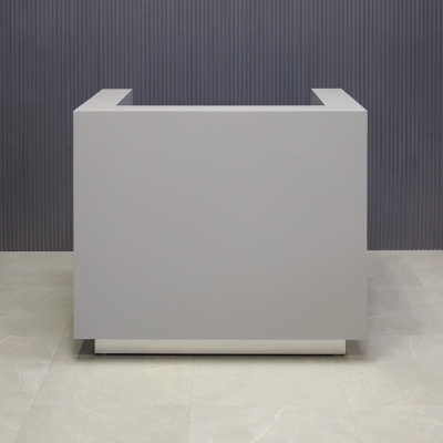 48-inch Dallas U-Shape Custom Reception Desk in fog gray matte laminate main desk and brushed aluminum toe-kick.
