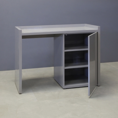 48-inch Avenue Beverage Server Station with fridge on the left side, in light gray gloss laminate station, and doors.