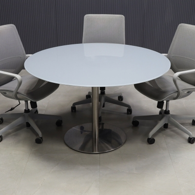 48-inch California Round Conference Table with 1/2-inch light gray tempered glass top and silver stainless steel base.
