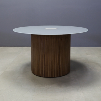 48-inch Omaha Round Conference Table in 1/2-inch in light gray tempered glass top with silver MX3 power box, and walnut veneer tambour base.