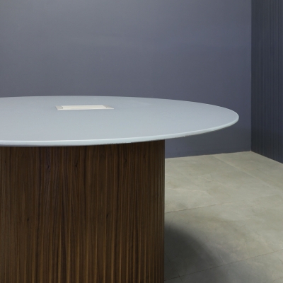 48-inch Omaha Round Conference Table in 1/2-inch in light gray tempered glass top with silver MX3 power box, and walnut veneer tambour base.