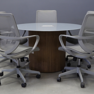 48-inch Omaha Round Conference Table in 1/2-inch in light gray tempered glass top with silver MX3 power box, and walnut veneer tambour base.