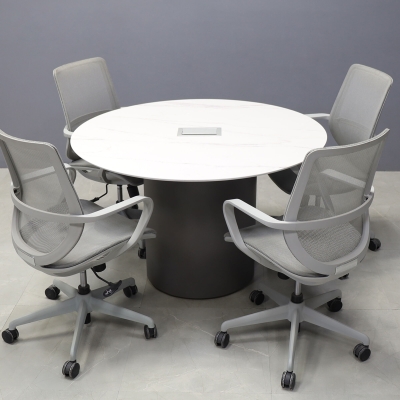48-inch Aurora Round Conference Table in 1/2-inch solenne marble engineered surface top, dark gray traceless laminate base, and silver MX3 power box.
