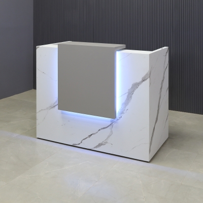 48-inch Chicago Custom Reception Desk in storm gray matte laminate counter and calcutta stone PVC desk, with color LED, shown here.