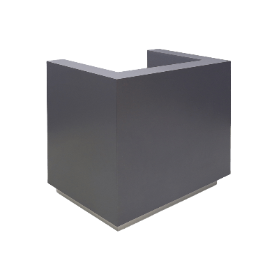 48-inch Dallas U-Shape Custom Reception Desk in storm gray matte laminate main desk and brushed aluminum toe-kick.