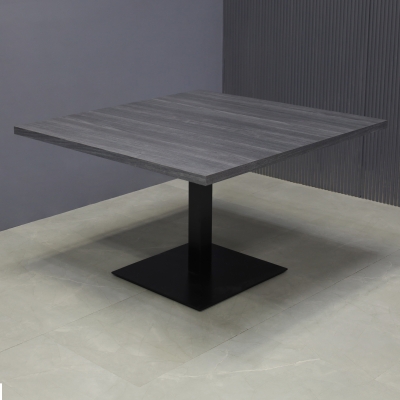48-inch California Square Conference Table with Laminate Top in storm teakwood matte and black stainless steel base.