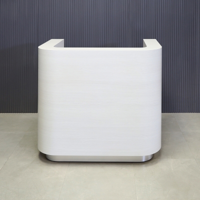 48-inch Nola Custom Reception Desk in white ash matte laminate main desk and brushed aluminum toe-kick.