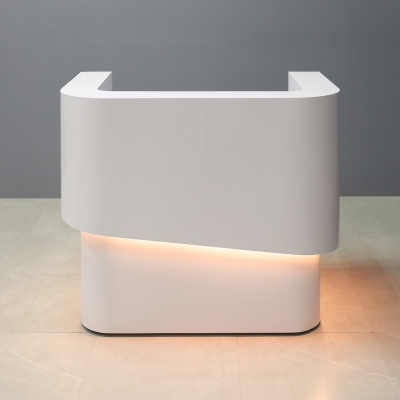 48-inch Nola Curved Custom Reception Desk in white gloss laminate counter & bottom, and warm white LED.