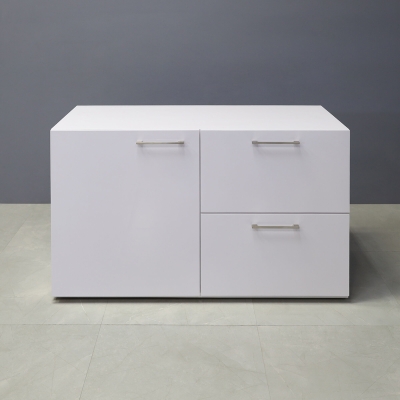 48-inch Naples Custom Storage Credenza in white gloss laminate credenza, and front drawers & door.
