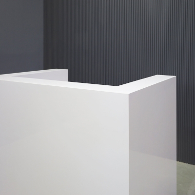 48-inch Dallas U-Shape Reception Desk in white gloss laminate desk and brushed aluminum toe-kick, with color changing LED.