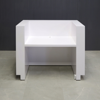 48-inch Dallas U-Shape Reception Desk in white gloss laminate desk and brushed aluminum toe-kick, with color changing LED.