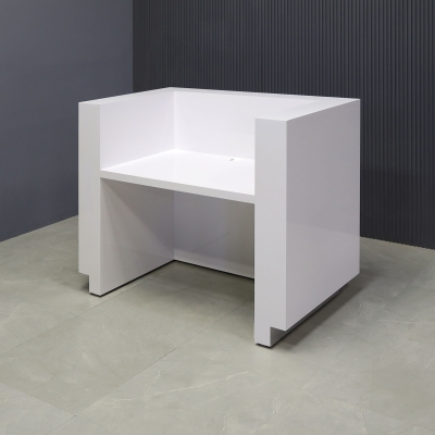 48-inch Dallas U-Shape Reception Desk in white gloss laminate desk and brushed aluminum toe-kick, with color changing LED.