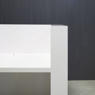 48-inch Dallas U-Shape Reception Desk in white gloss laminate desk and brushed aluminum toe-kick, with color changing LED.