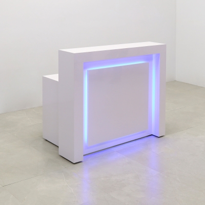 48-inch New York Straight Reception Desk in white gloss laminate main desk, front panel, and accent recessed, with color changing LED.