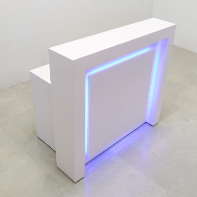 48-inch New York Straight Reception Desk in white gloss laminate main desk, front panel, and accent recessed, with color changing LED.
