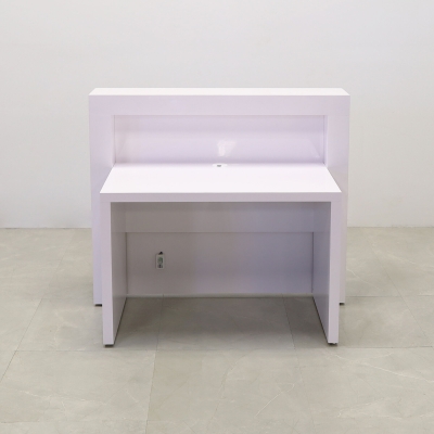 48-inch New York Straight Reception Desk in white gloss laminate main desk, front panel, and accent recessed, with color changing LED.