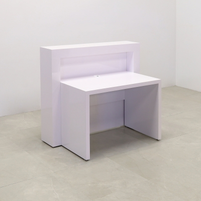 48-inch New York Straight Reception Desk in white gloss laminate main desk, front panel, and accent recessed, with color changing LED.